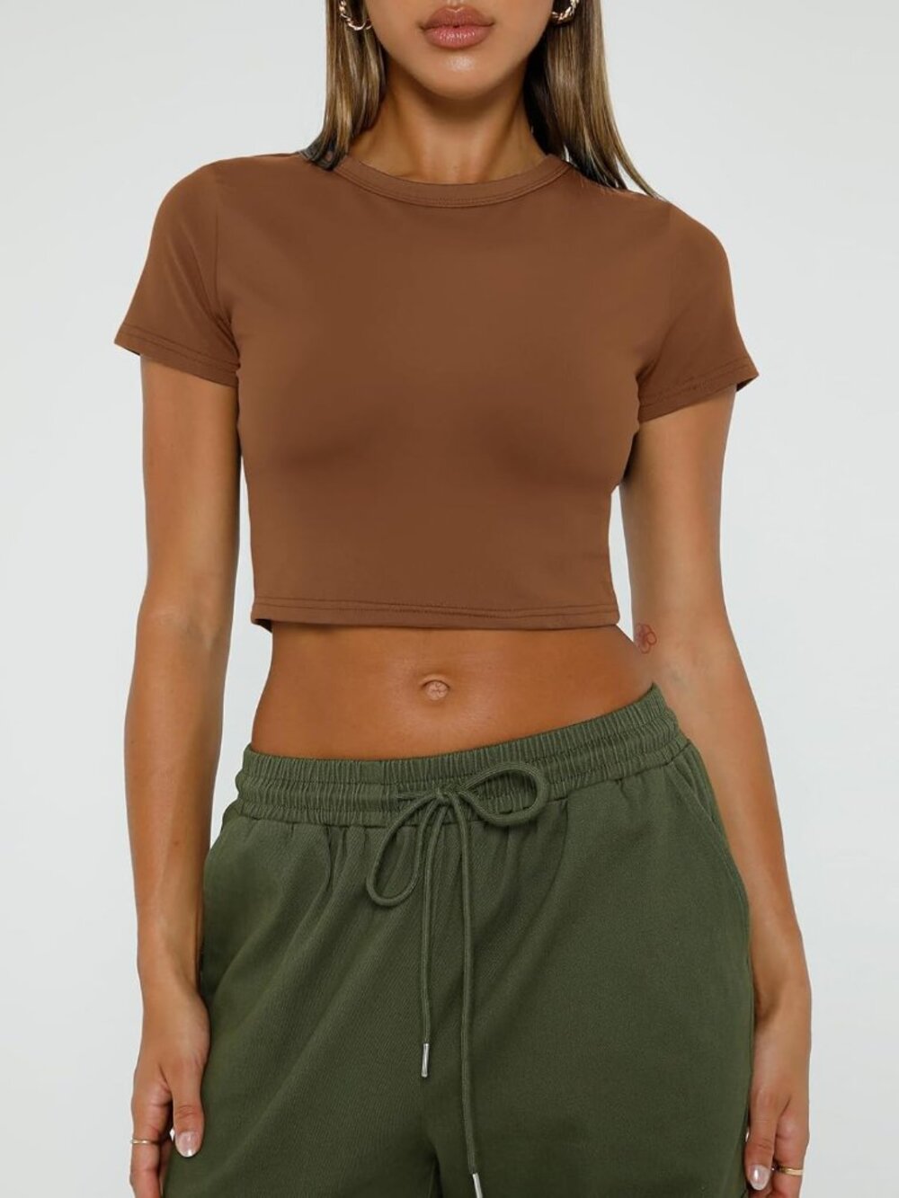 Women's Brown Crew Neck Basic Slim Fit Trendy Short Sleeve Crop Tops - Picture 2 of 5